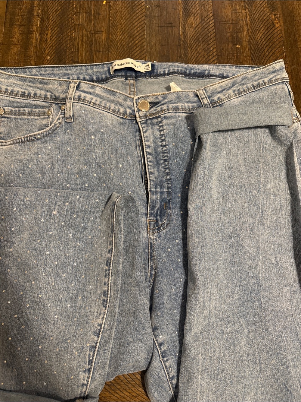 Rebecca Minkoff Faded Blue Straight-Leg Jeans with Micro Dot Pattern